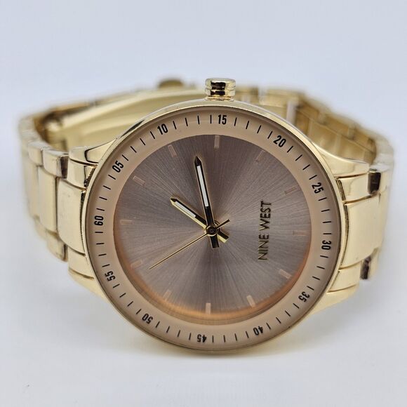 Nine West Women's Watch 35MM Gold Pink Dial Gold Bracelet Band 6.5" New Battery - Picture 1 of 14